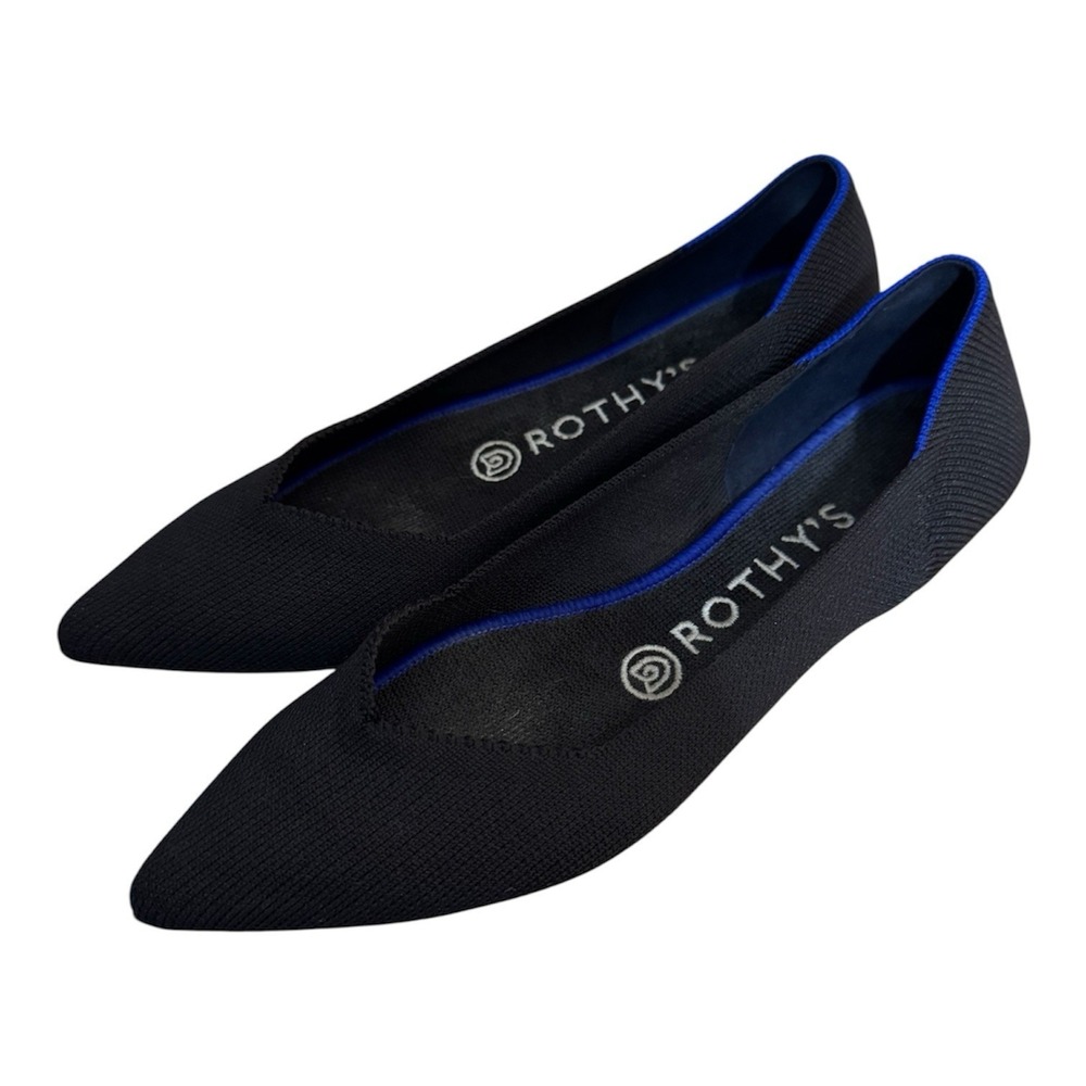 Women's Sz 7 Rothy's The Point Ballet Flats Shoes Black Blue Trim